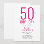シンプルなピンクとホワイトの50歳の誕生日パーティー 招待状 (正面/裏面)