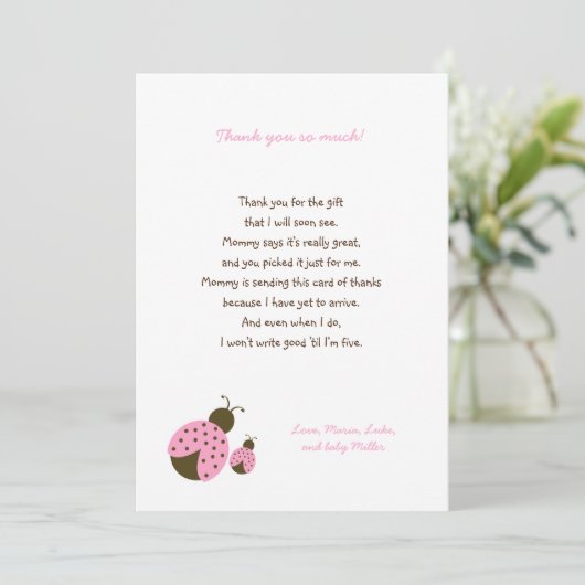 シンプルなピンクのてんとう虫のベビーシャワーはノート感謝していしています サンキューカード (スタンド正面)