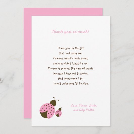 シンプルなピンクのてんとう虫のベビーシャワーはノート感謝していしています サンキューカード (正面/裏面)