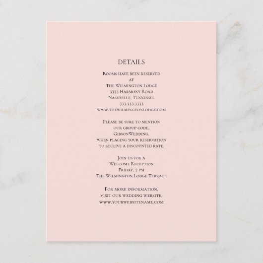 シンプルなピンクのウェディングの詳細 エンクロージャーカード (正面)