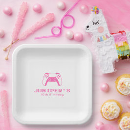 シンプルなピンクのガールズゲーマー誕生日パーティー ペーパープレート