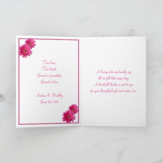 シンプルなピンクのゲルバダイシーの結婚式のお礼カード サンキューカード (内部)