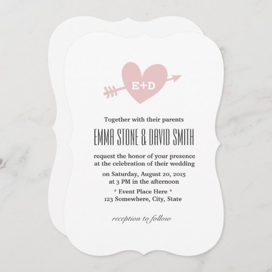 シンプルなピンクのハートと矢のラブウェディング招待状 招待状 (正面/裏面)