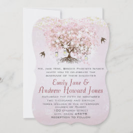 シンプルなピンクのハートリーフツリーラブバード結婚ズ 招待状