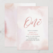 シンプルなピンクのハート ワン 1歳の女の子の誕生日パーティー 招待状 (正面/裏面)