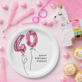 シンプルなピンクの数字の40の風船でお祝いする40歳の誕生日パーティー ペーパープレート