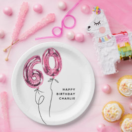 シンプルなピンクの数字の60の風船でお祝いする60歳の誕生日パーティー ペーパープレート