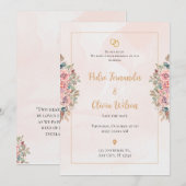 シンプルなピンクの花の結婚式 招待状 (正面/裏面)