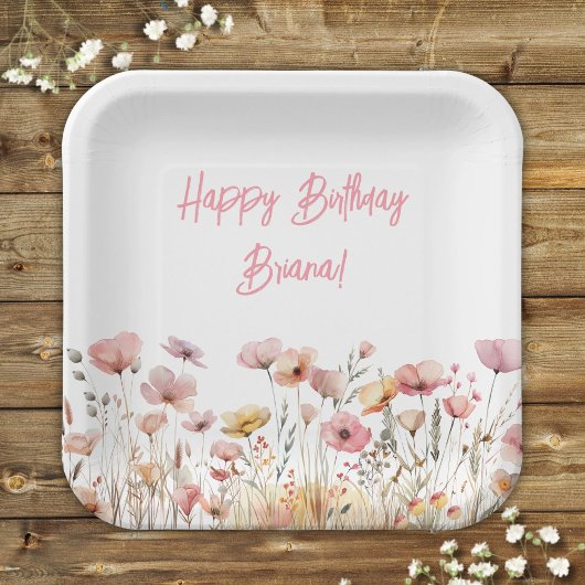 シンプルなピンクの花の誕生日パーティー ペーパープレート