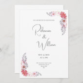シンプルなピンクの花柄のフレームウォーターカラー結婚式のカード 招待状 (正面/裏面)