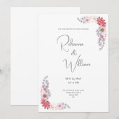 シンプルなピンクの花柄フレームの水彩結婚式カード 招待状 (正面/裏面)