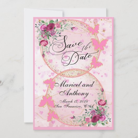 シンプルなピンクの蝶テーマの結婚式日程のお知らせ セーブザデート (正面)