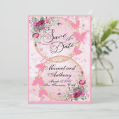 シンプルなピンクの蝶テーマの結婚式日程のお知らせ セーブザデート (スタンド正面)