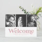シンプルなピンクの3枚写真の誕生報告 案内状 (スタンド正面)