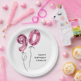 シンプルなピンクの90 バルーン 90歳の誕生日パーティー ペーパープレート