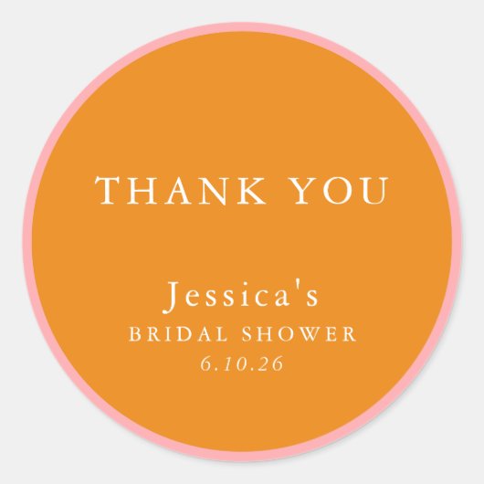 シンプルなピンクオレンジのカスタム ブライダルシャワー お礼 ラウンドシール (正面)