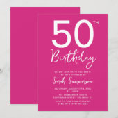 シンプルなピンクホワイトの手書き風の50歳の誕生日パーティー 招待状 (正面/裏面)