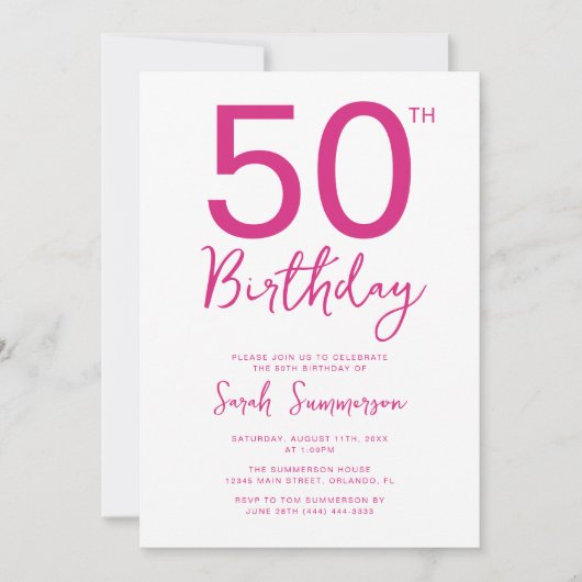 シンプルなピンクホワイトの手書き風の50歳の誕生日パーティー 招待状 (正面)