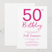 シンプルなピンクホワイトの手書き風の50歳の誕生日パーティー 招待状 (正面/裏面)