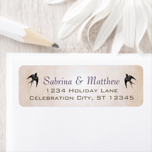 シンプルなピーチパープルハートリーフ結婚の木のラベル ラベル (インサイチュ)