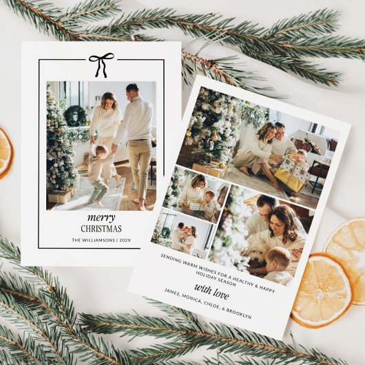 シンプルなファミリーフォト クリスマスカード　リボン付き シーズンカード