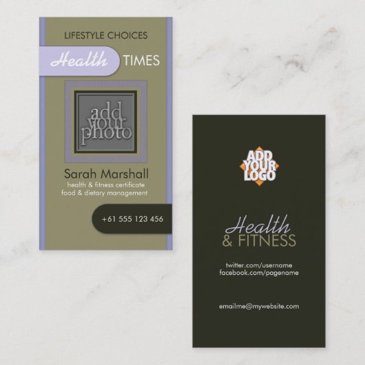 シンプルなファンシーグリーンと薄紫フォト名刺 名刺 (正面/裏面)