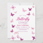シンプルなファーストバースデー パープルの蝶々パーティー 招待状 (正面)