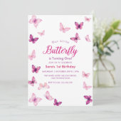 シンプルなファーストバースデー パープルの蝶々パーティー 招待状 (スタンド正面)