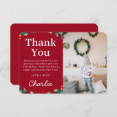 シンプルなフェスティブホリーデイクリスマスフォト | 赤 サンキューカード (正面/裏面)