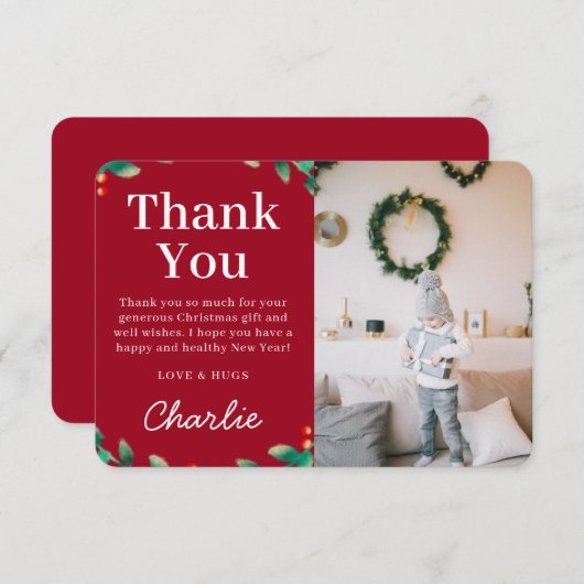 シンプルなフェスティブ ホリー クリスマス フォト | 赤 サンキューカード (正面/裏面)