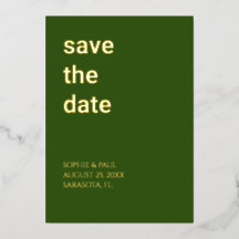 シンプルなフォレストグリーンのSave the Date箔押し招待状