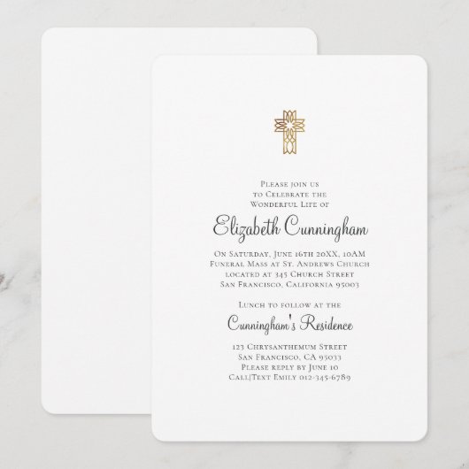 シンプルなフォークゴールドクロス追悼葬儀 招待状 (正面/裏面)