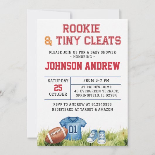シンプルなフットボールベビーシャワー 招待状 (正面)