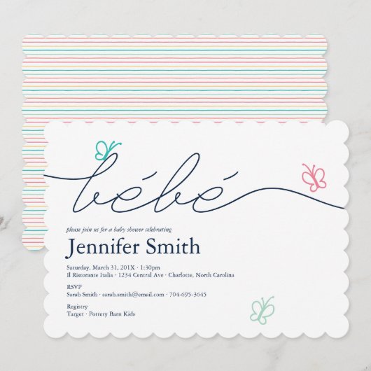 シンプルなフランス風ベビーシャワー　べべ バタフライ 招待状 (正面/裏面)