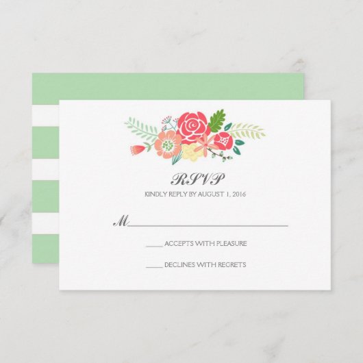 シンプルなフローラストライプと結婚式RSVP / Mint 出欠カード (正面/裏面)