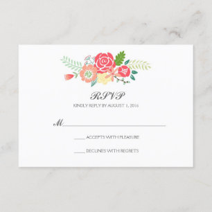 シンプルなフローラ&ストライプウェディングRSVP / Coral 出欠カード