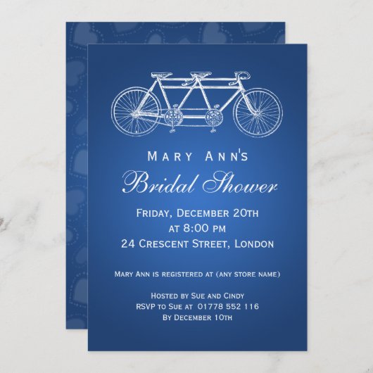 シンプルなブライダルシャワーのタンデムバイクの青 招待状 (正面/裏面)