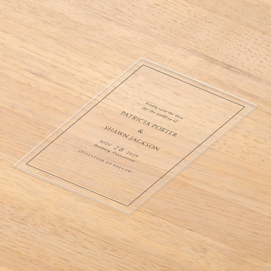 シンプルなブラックとホワイトのエレガントな結婚式の招待状(Save the Date) アクリル招待状 (レイダウン)