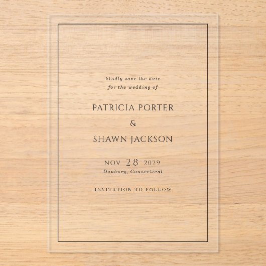 シンプルなブラックとホワイトのエレガントな結婚式の招待状(Save the Date) アクリル招待状 (正面)