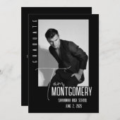 シンプルなブラックの写真付き卒業発表 招待状 (正面/裏面)