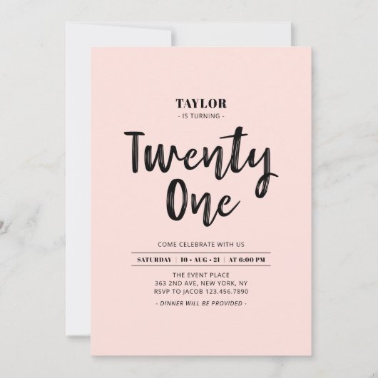 シンプルなブラック＆ピンクの21歳誕生日パーティー 招待状 (正面)