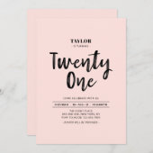 シンプルなブラック＆ピンクの21歳誕生日パーティー 招待状 (正面/裏面)