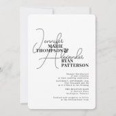 シンプルなブラック＆ホワイトのオールインワン＆RSVP QRコード付 招待状 (正面)