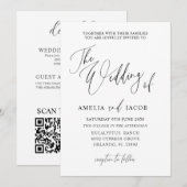 シンプルなブラック＆ホワイトのカリグラフィーQRコード結婚式 招待状 (正面/裏面)