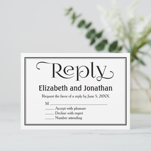 シンプルなブラック＆ホワイトのクリスチャン結婚式の出欠確認カード 出欠カード (スタンド正面)