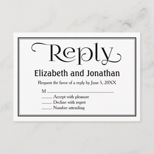 シンプルなブラック＆ホワイトのクリスチャン結婚式出欠確認カード 出欠カード (正面)