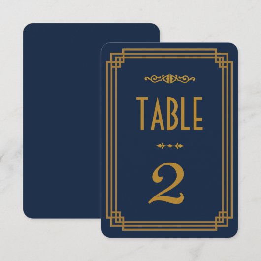 シンプルなブルーのアートデコウェディングテーブルナンバー 招待状 (正面/裏面)