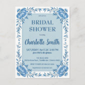 シンプルなブルーのチャイナ風花柄のブライダルシャワー ポストカード (正面)