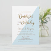 シンプルなブルーゴールドの洗礼と1歳の誕生日招待状 招待状 (スタンド正面)