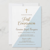 シンプルなブルー・ホワイト・ゴールドのモダンな初めての聖体拝領 招待状 (正面)